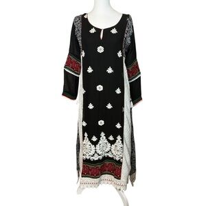 Asopalav Indian Salwar Kameez Black Red White XL  Embroidered Lace Sheer Sleeves